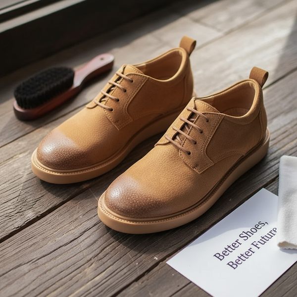 Close-up texture of brown split leather Derby shoes with hand-finished details.
