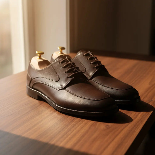 Close-up of Summit Derby in brown — full-grain leather texture and hand-polished finish, luxury handcrafted brown leather derby shoes for dress and business casual.