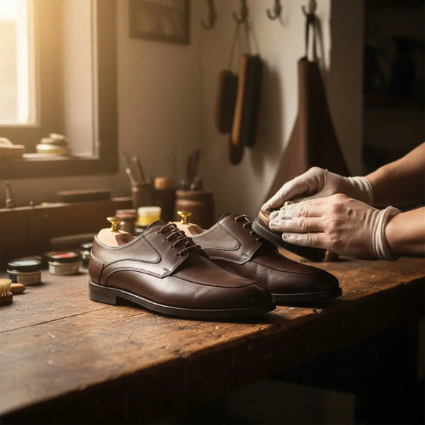 Hand-stitched details in a workshop setting, showcasing artisan craftsmanship on Summit Derby handcrafted brown leather derby shoes built to last.