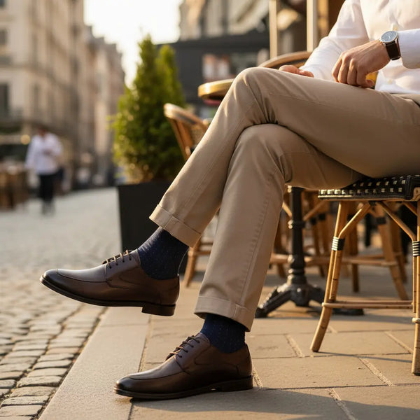 Weekend smart-casual look with chinos and Summit Derby handcrafted brown leather derby shoes that transition from office to evening.