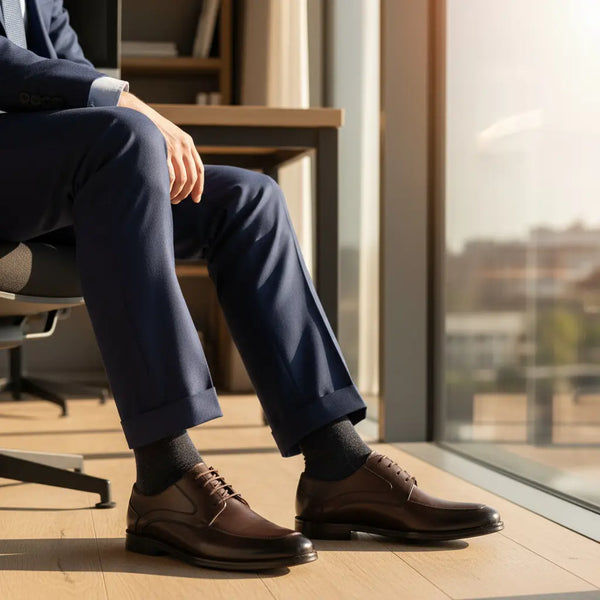 Summit Derby brown dress derby shoes styled with a tailored navy suit — men’s brown leather derby shoes for formal and business attire.