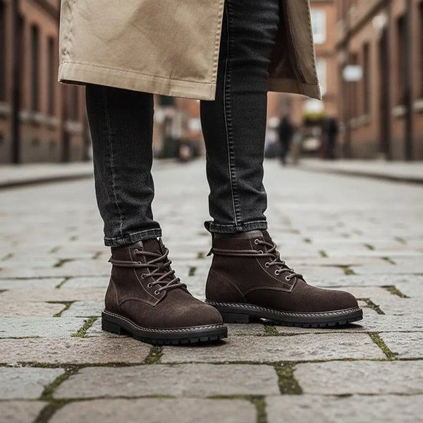 men’s suede boots styled with chinos at a cafe for everyday lifestyle wear