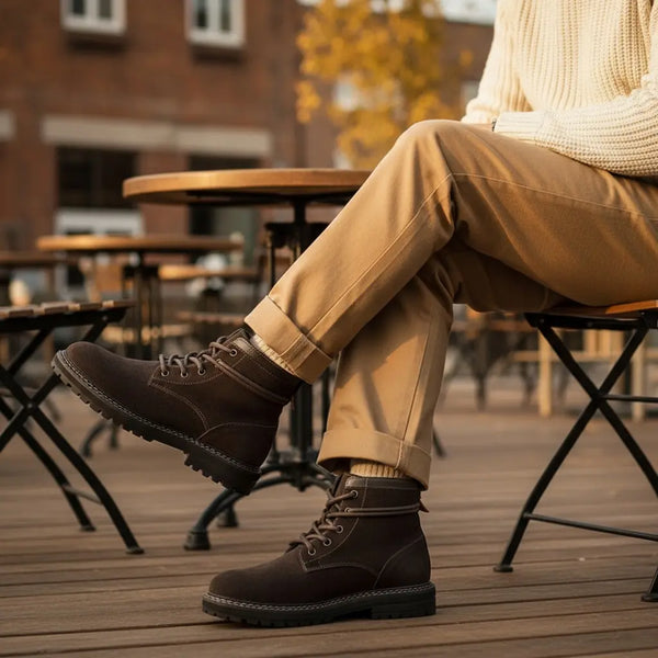 brown suede boots worn outdoors with city background for casual daily style