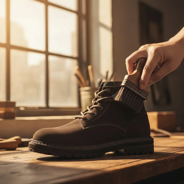 hand bending the collar of brown suede boots to show flexibility and Goodyear welt craftsmanship