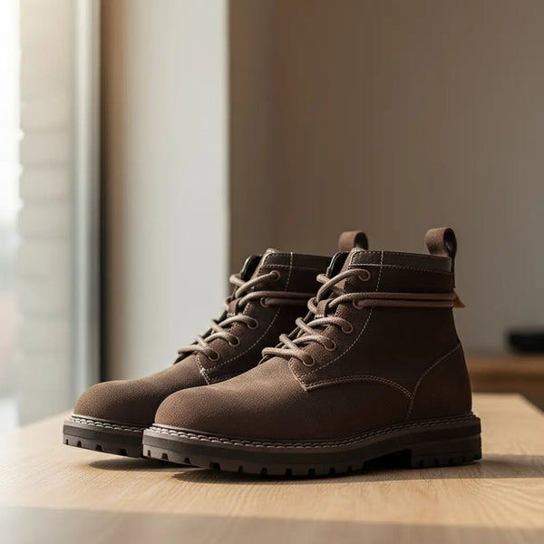 studio shot of brown suede boots in natural window light highlighting craftsmanship