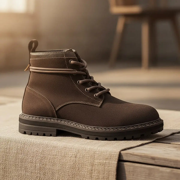 brown suede boots in warm natural light highlighting craftsmanship and welt construction