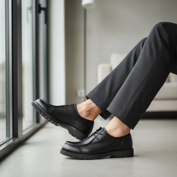 Business-formal styling with Urban Black Derby — classic men’s black leather derby shoes for office wear.
