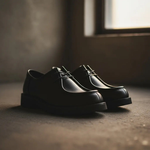 Close-up of Urban Black Derby — full-grain leather texture with hand-polished finish.