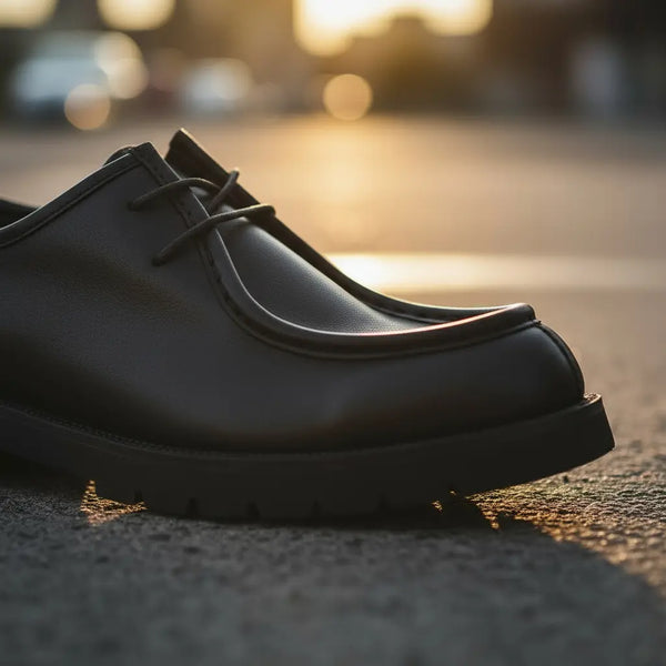 Goodyear welt black leather derby shoes with sculpted lug sole — comfortable dress shoes for men.