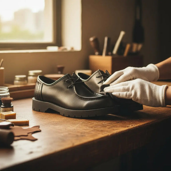 Handcrafted apron-toe detail of Urban Black Derby — artisan-made black leather derby shoes.