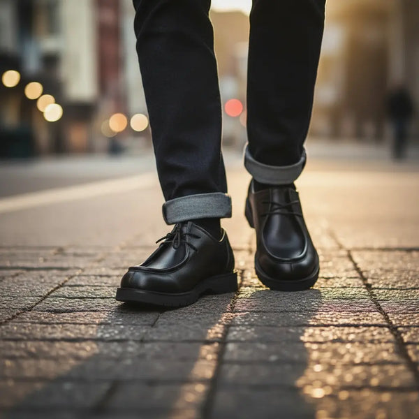 Smart-casual street style — handcrafted men’s black derby shoes for day-to-night wear.
