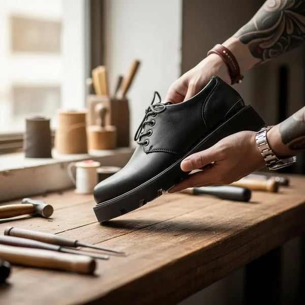 Artisan holding Urban Command Derby lug sole derby shoes for men — handcrafted in a traditional workshop environment.