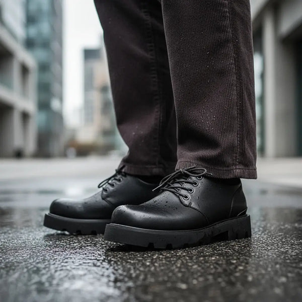 Urban Command Derby lug sole derby shoes men wearing in the city — engineered for traction and durability on wet pavement.