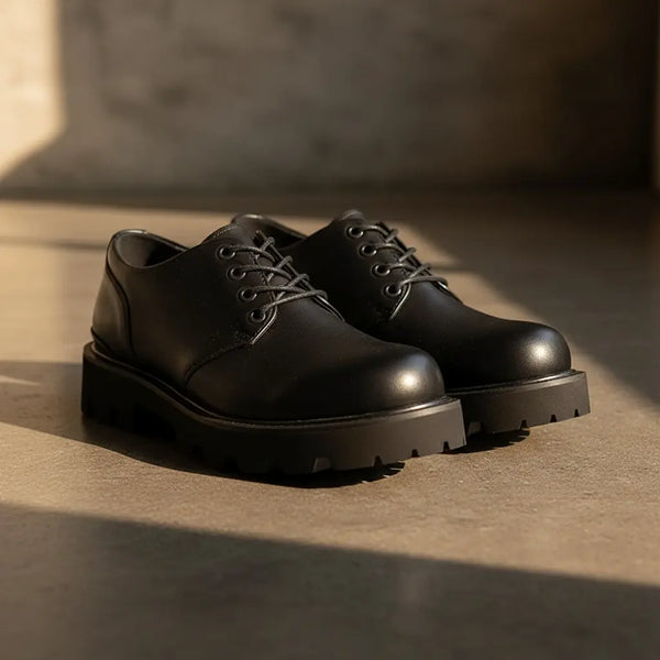 Urban Command Derby lug sole derby shoes men wear on a dark surface — warm daylight highlights contours and rugged sole design.
