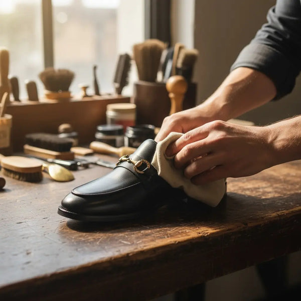 Artisan polishing Vanguard Black leather loafers — handcrafted dress loafers built to last.