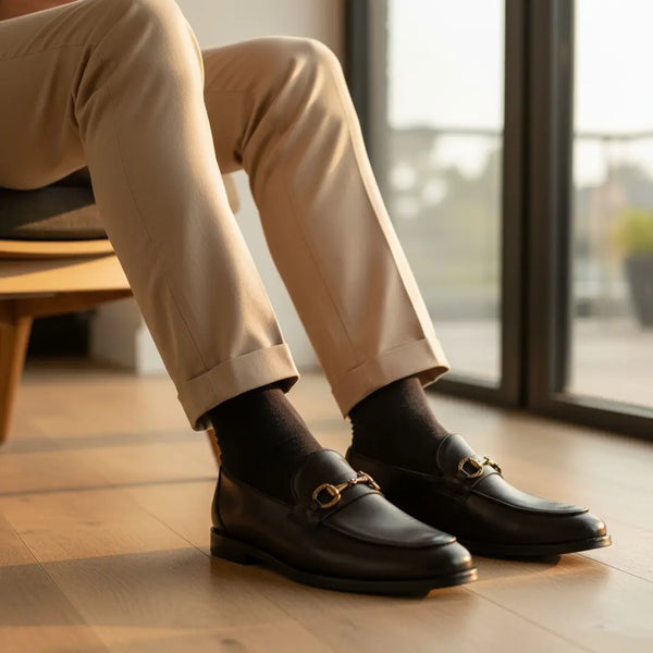 Styled with a tailored suit — business-formal black leather loafers for men and office wear.