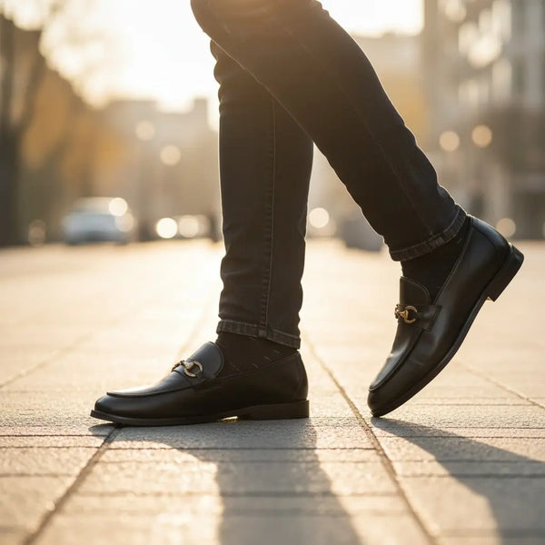 Smart-casual street style with Vanguard Black slip-on loafers — handmade loafers for day-to-night wear.