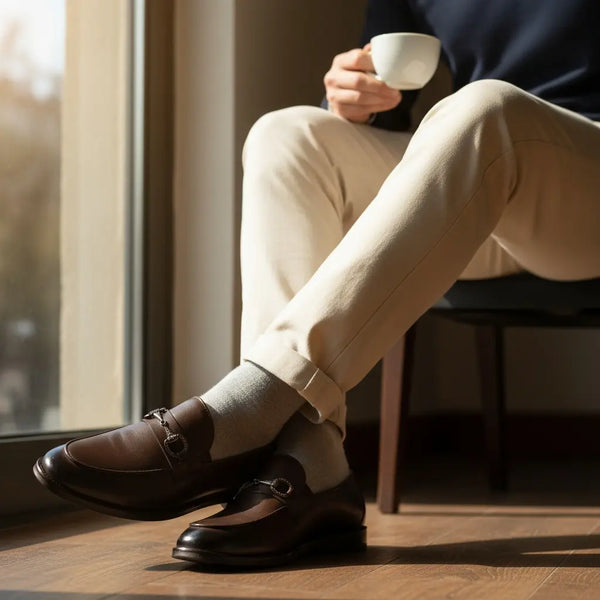 Styled with tailored pants — business-formal brown leather loafers for men, ideal for office dressing.