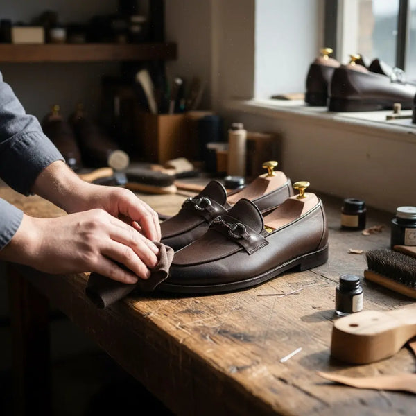 Artisan crafting Vanguard brown leather loafers — handcrafted classic leather loafers with Goodyear welt.