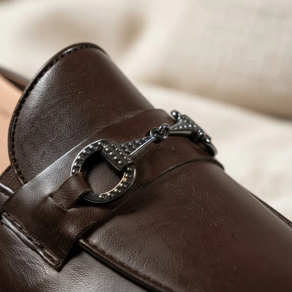 Horsebit detail on Vanguard men’s brown Goodyear welt loafers — classic handcrafted leather loafers.