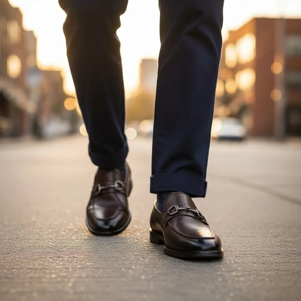 Smart-casual street style with Vanguard brown leather loafers — handcrafted men’s slip-on loafers.