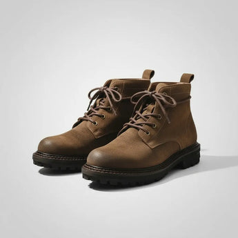 Vintage split suede boot for men in brown — Goodyear welt construction and lug sole traction.
