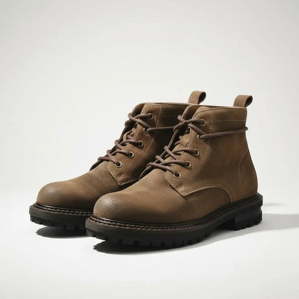 Studio view of vintage split suede boots for men with lug sole and Goodyear welt finish.
