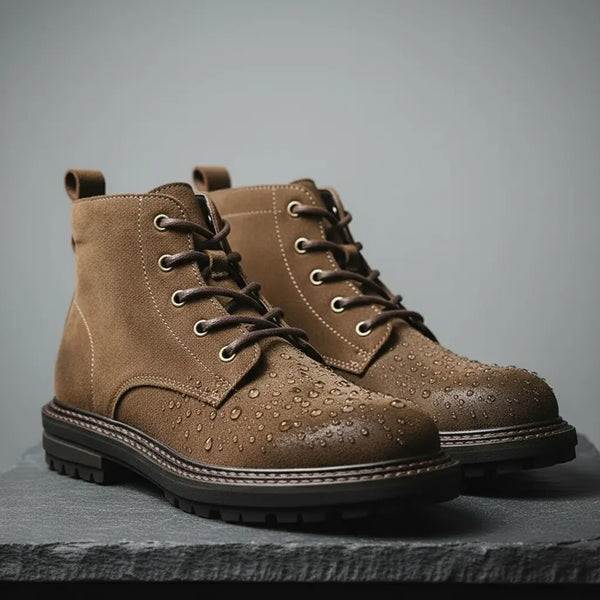 Lifestyle image of brown vintage split suede boots with rugged texture and Goodyear welt.
