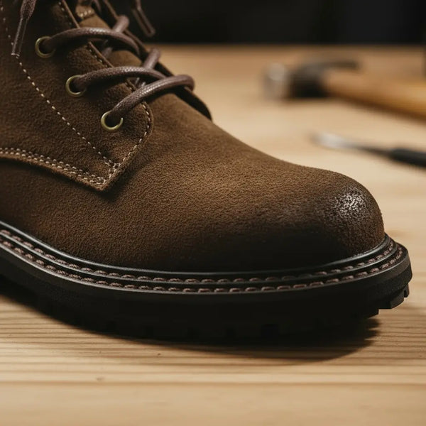 Macro view of brown split suede texture and welt stitching on handcrafted men’s boots.
