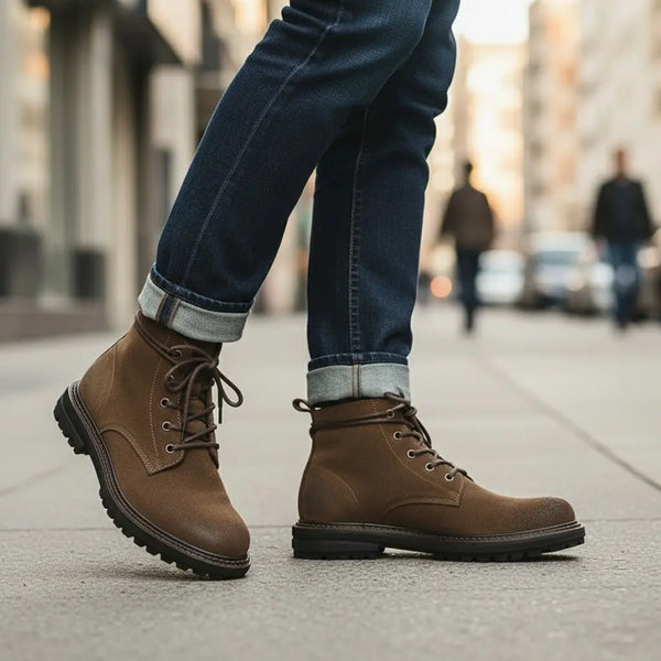 Lug sole traction on vintage split suede boots for men — walking outdoor close-up.
