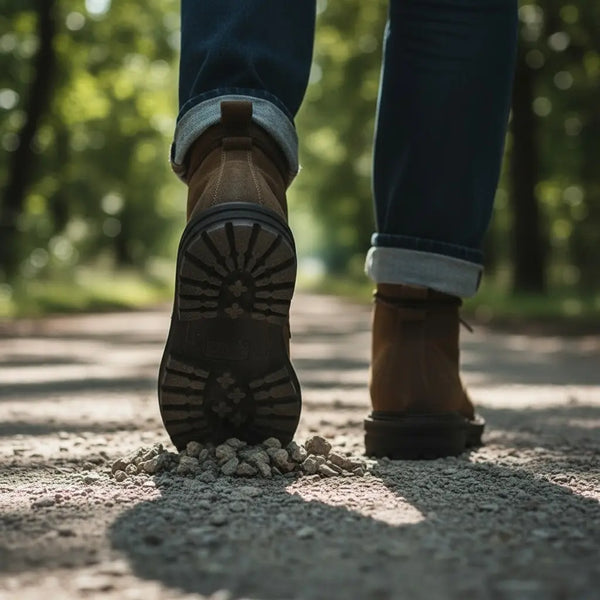 Outsole tread close-up while walking — grippy lug sole for all-day comfort.