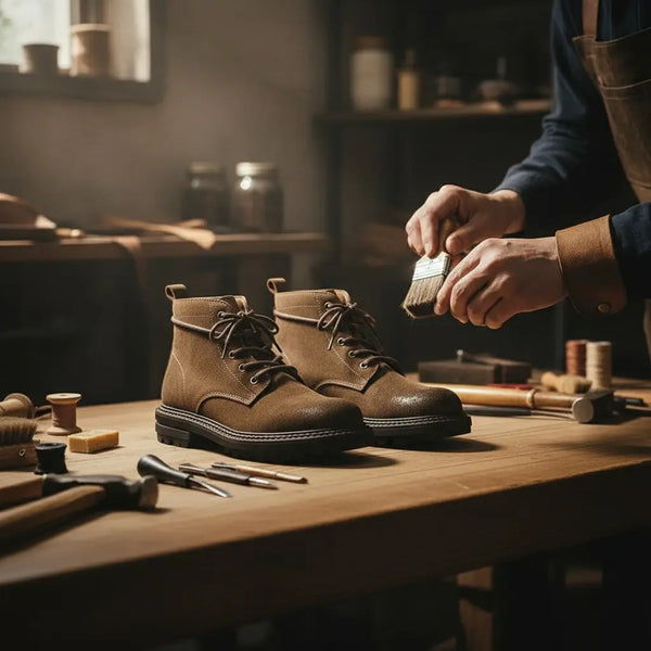 Handcrafted vintage split suede boots for men being finished by an artisan on a workbench.
