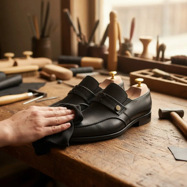 Artisan handcrafting Zenith black leather penny loafers — traditional welted construction built to last.