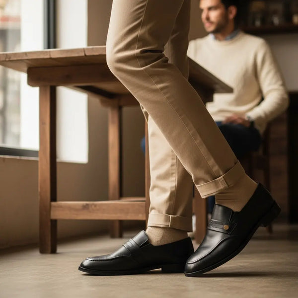Smart-casual outfit with Zenith men’s black slip-on penny loafers — handcrafted leather shoes for daily wear.
