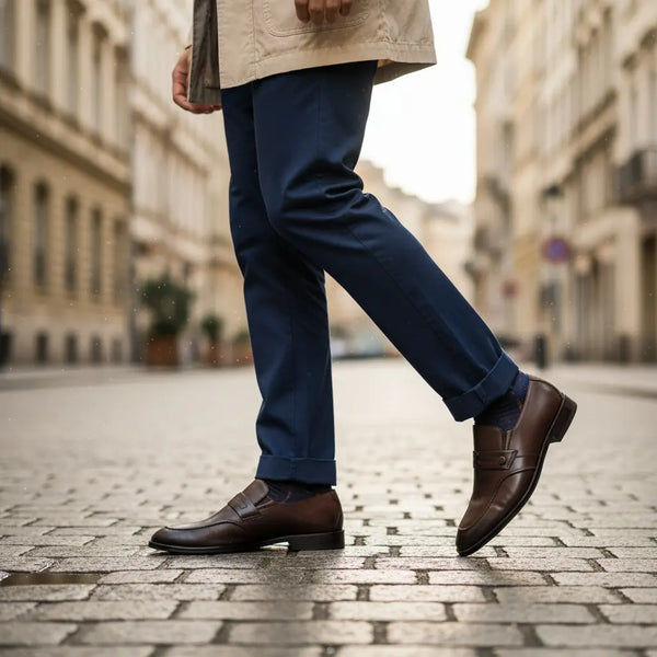 Zenith brown leather loafers styled with tailored suit – ideal business-formal dress loafers for men.
