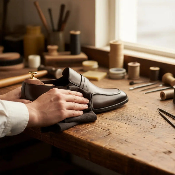Handcrafted brown leather penny loafers being finished in an artisan workshop – premium men’s loafers.
