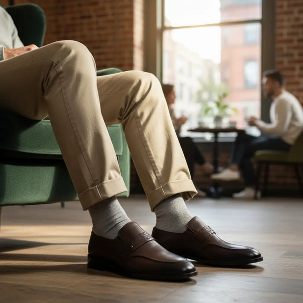 Smart-casual outfit featuring Zenith brown leather penny loafers for men – versatile slip-on design.
